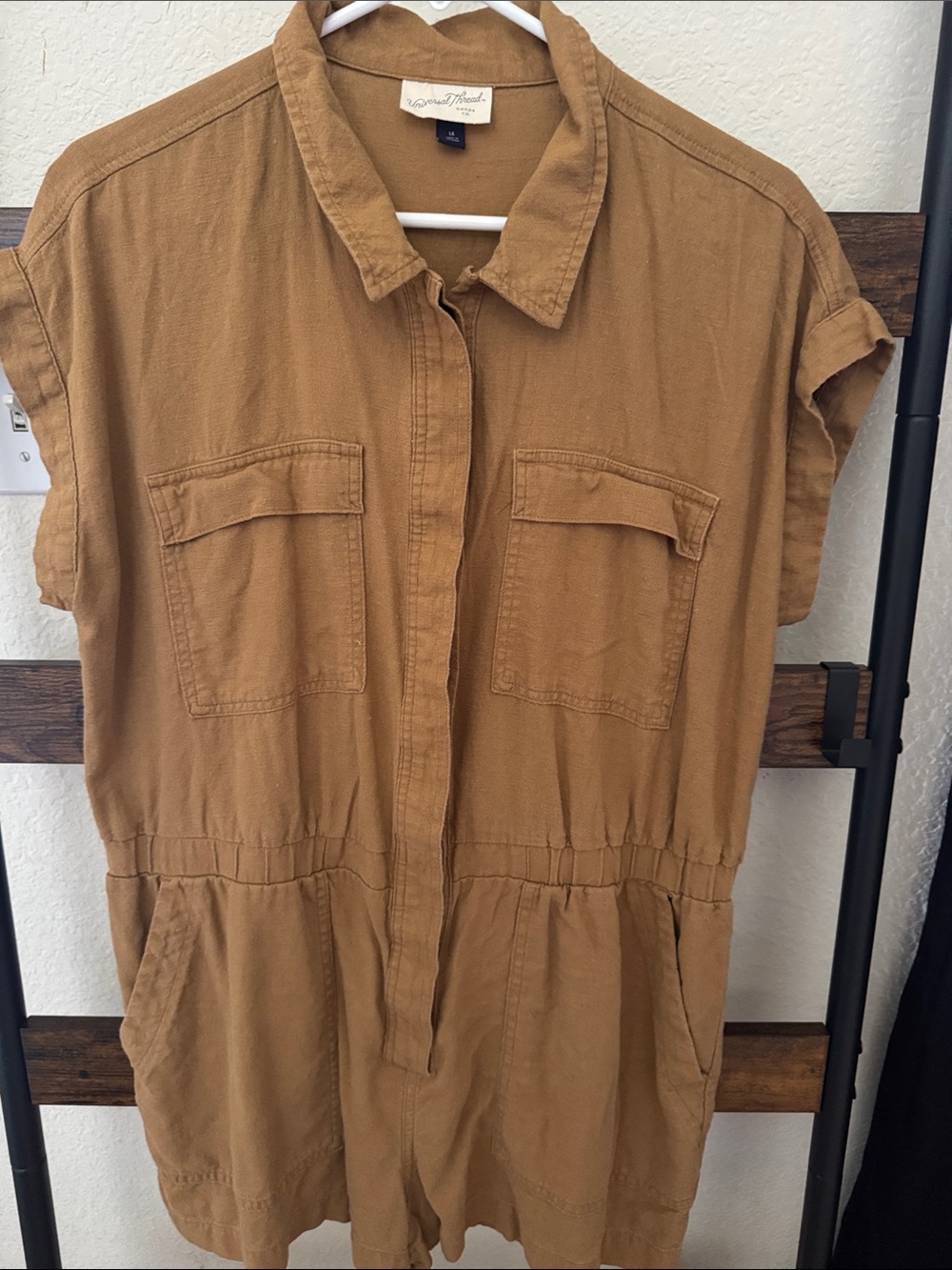 Universal Thread Utility Romper in Warm Camel Brown Used - Picture 4 of 5